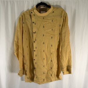 Mebaz Linen Tunic Blouse Women's XL Yellow Embroidered Woven High Neck Long Slv